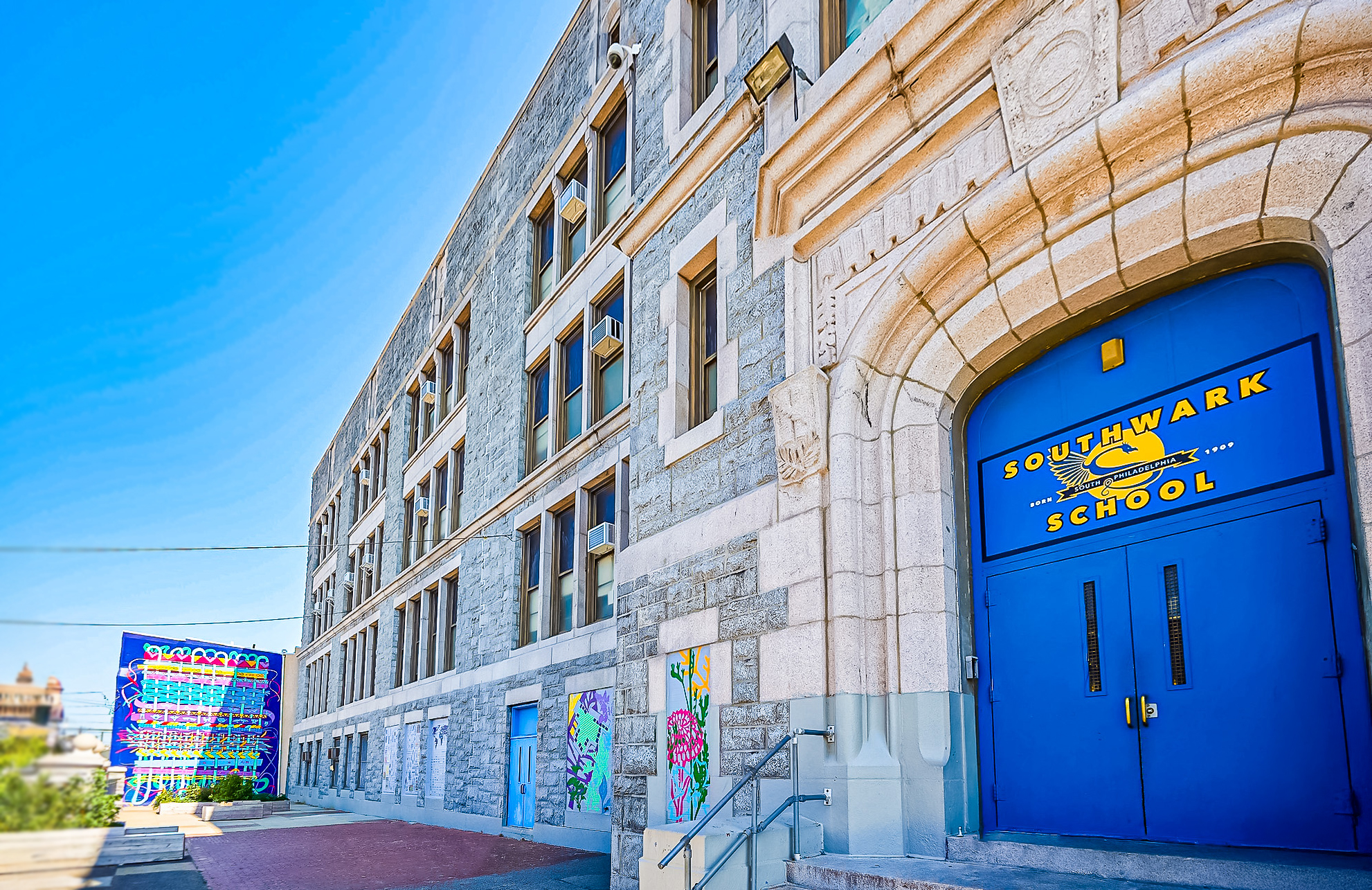 Front door view of the Southwark School building in Philadelphia